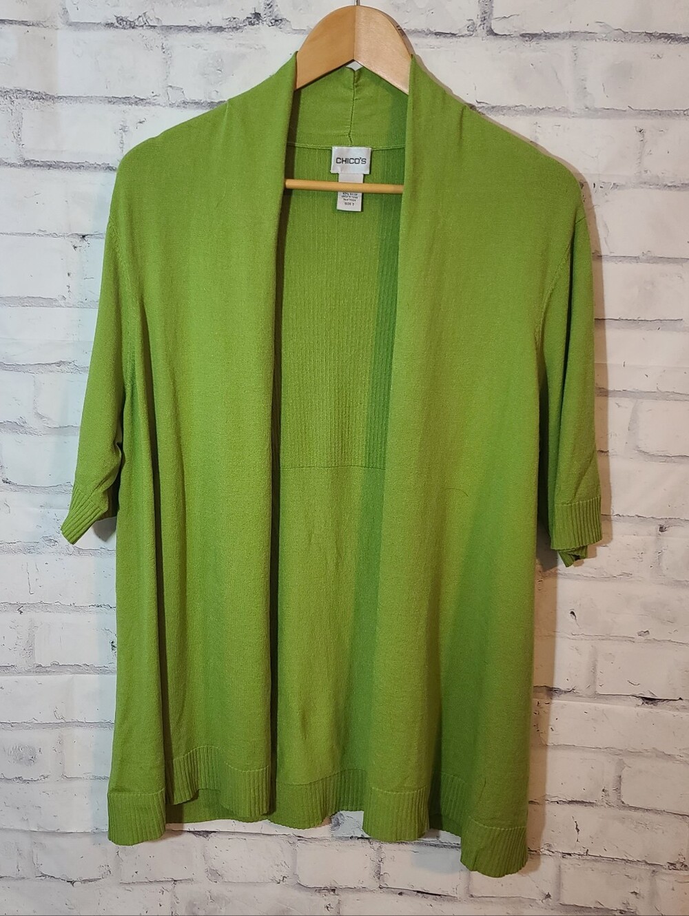 Chico’s Sz 3 (XL) Green Solid Knit Open Front Half Sleeve Cardigan Sweater